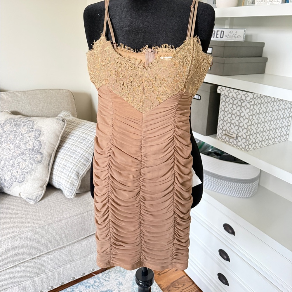 Elegant Tan Lace Mini Dress